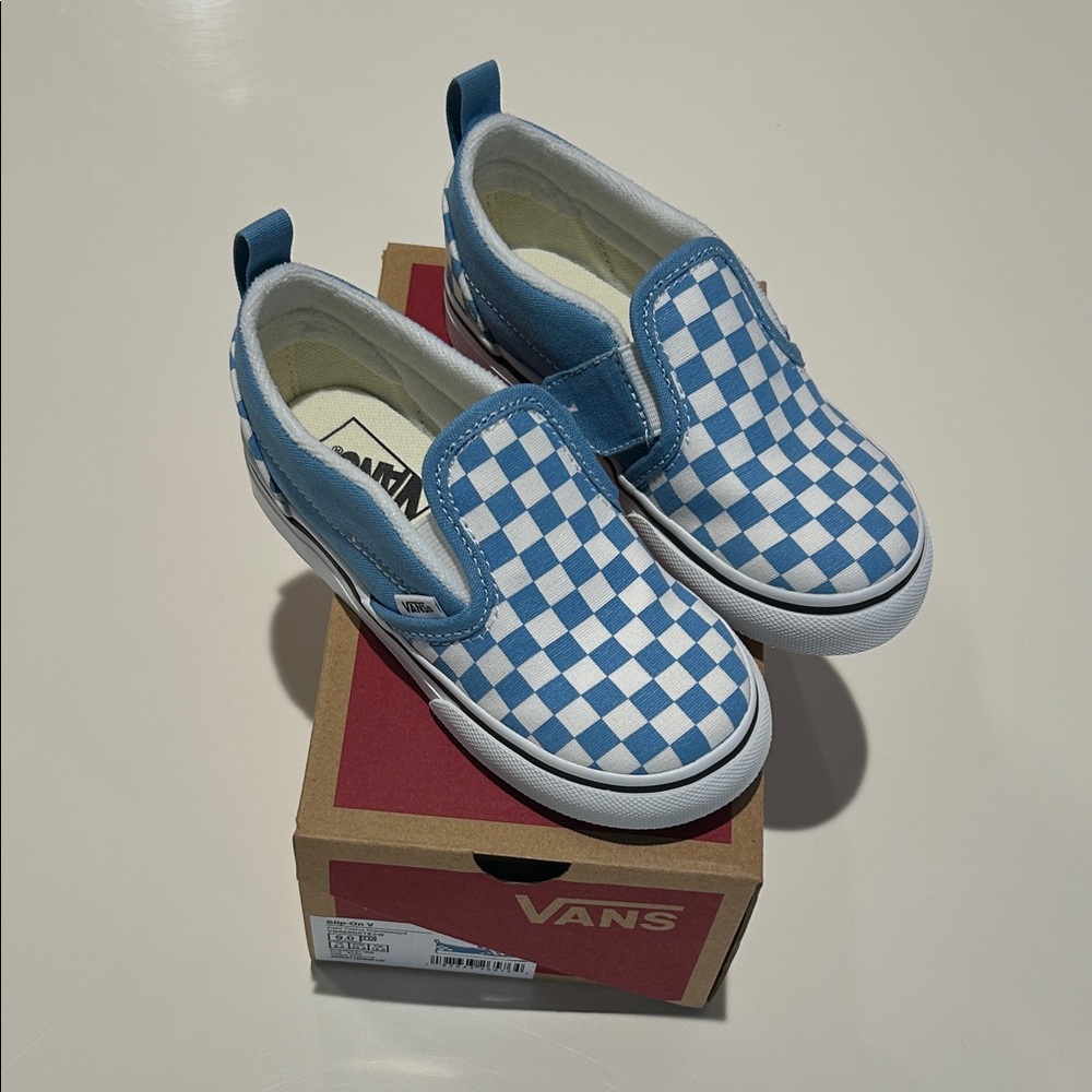 Vans Kids Blue and White Checkered Slip-On Sneakers
New - ever worn